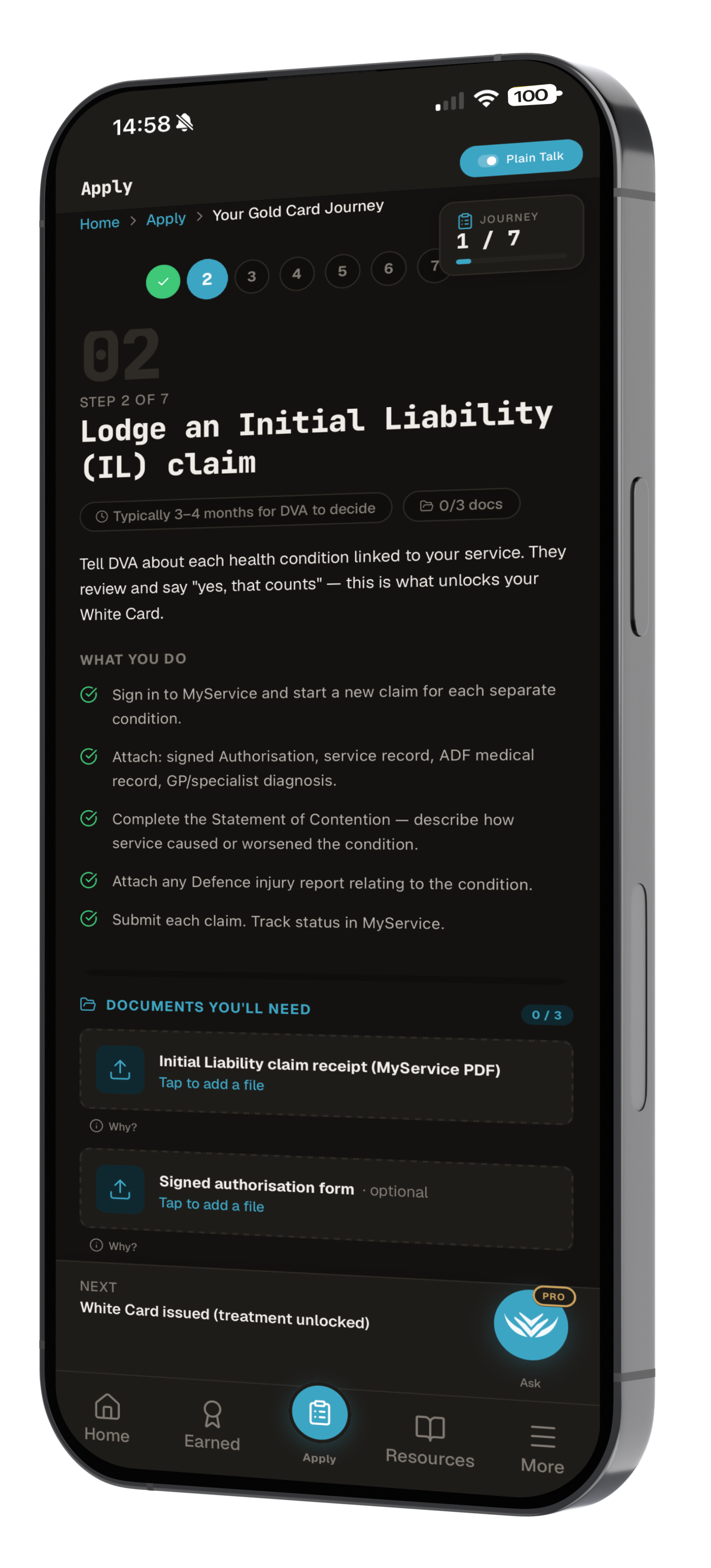 ExitBrief Apply screen — step-by-step White Card claim guide